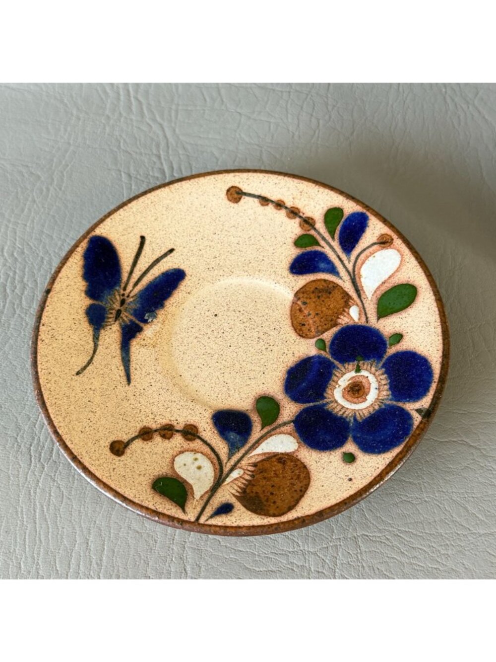 Vintage Tonala Mexico Studio Pottery Cup Saucer Set Signed Blue Butterfly 6" - Picture 8 of 14